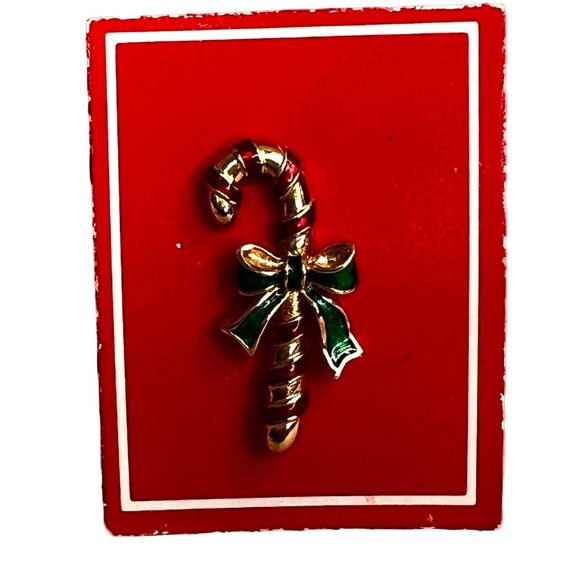 Vintage Avon Candy Cane Pin Brooch Red Green Gold Tone Metal 1.25 inch - Picture 1 of 6